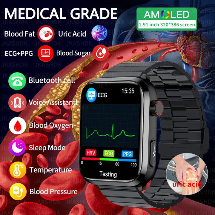 BioHealth Plus® - Relógio inteligente para monitoramento de glicose no sangue de lipídios, ácido úrico - ECG + PPG Fitness Tracker