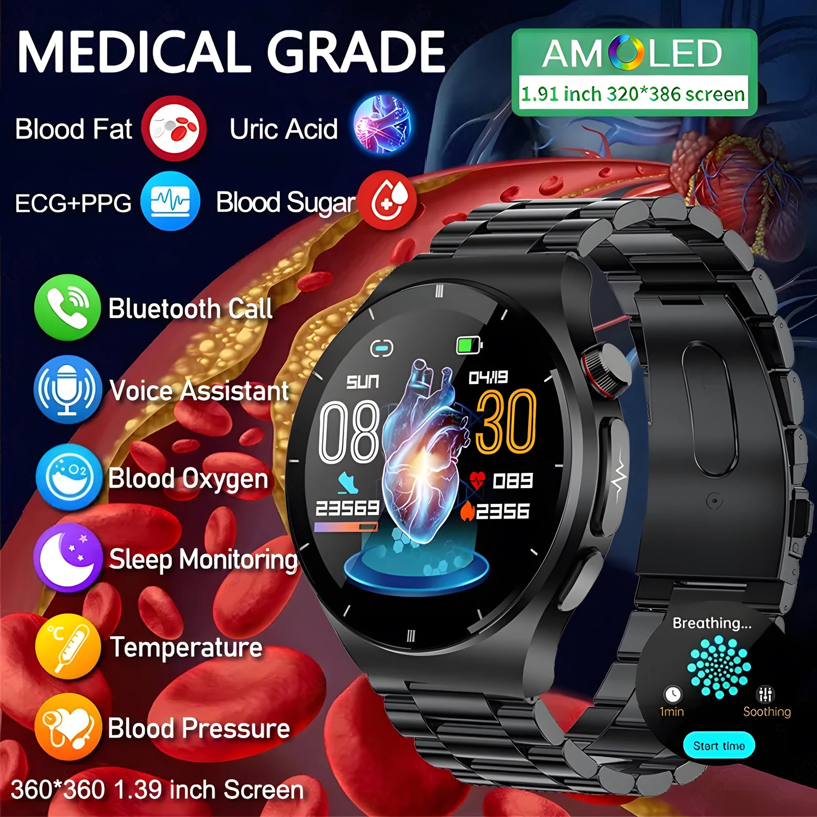 2024 Novo relógio inteligente para tratamento a laser - Monitoramento de saúde de ECG + PPG de grau médico de lipídios no sangue e ácido úrico