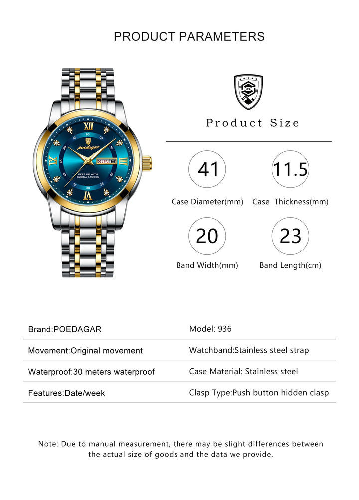 POEDAGAR Luxury Watch for Man Elegant Date Week Waterproof Luminous Men Watch Quartz Stainless Steel Sports Men's Watches reloj