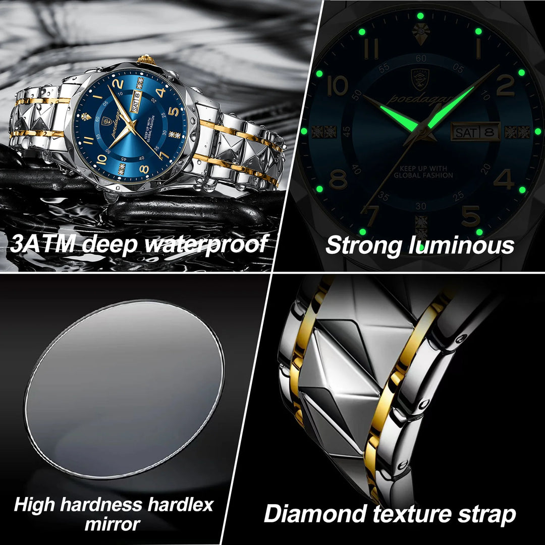 POEDAGAR Luxury Men's Quartz Watch - Waterproof, Date & Week, Luminous, Stainless Steel