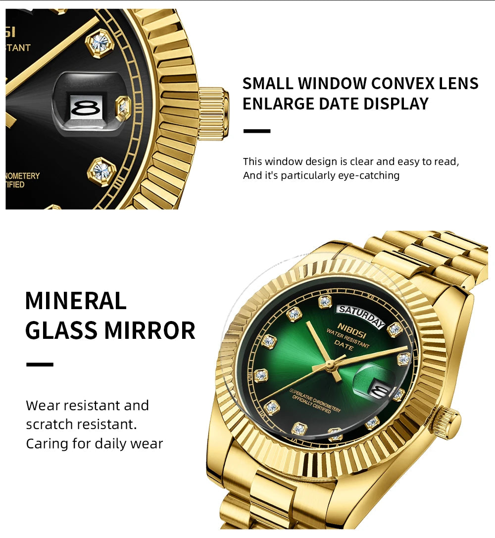 NIBOSI Luxury Men's Gold Diamond Watch - Automatic Date, Waterproof, Stainless Steel