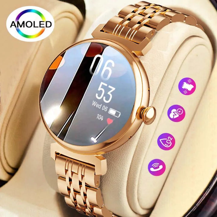 1.04 inch AMOLED Screen Fashion Ladies Smart Watch Screen Always Display Bluetooth Call Smartwatch Metal Body Small Screen Watch