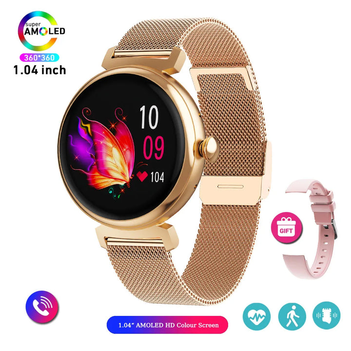 1.04 inch AMOLED Screen Fashion Ladies Smart Watch Screen Always Display Bluetooth Call Smartwatch Metal Body Small Screen Watch