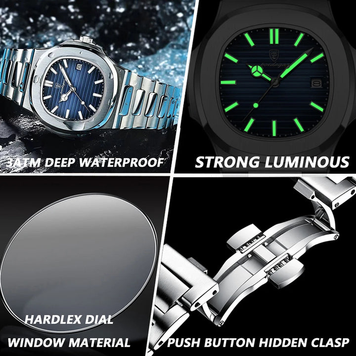 POEDAGAR Luxury Square Quartz Watch - Business, Waterproof, Luminous, Stainless Steel