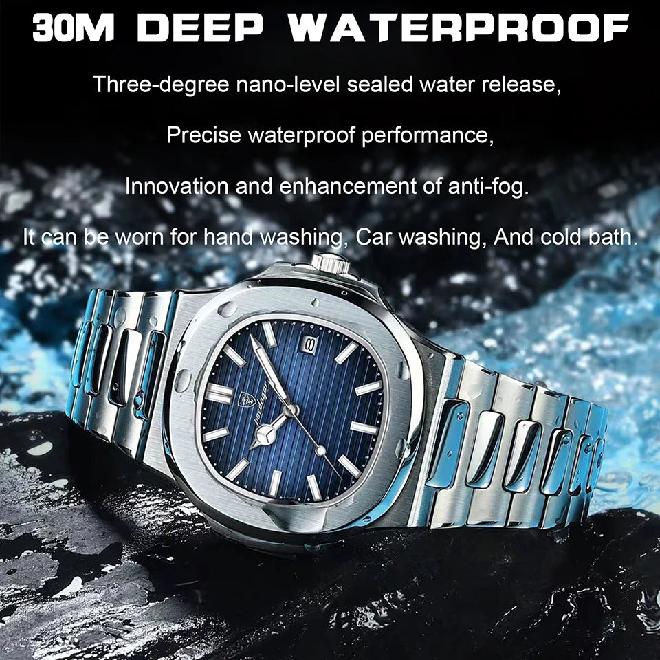 POEDAGAR Luxury Square Quartz Watch - Business, Waterproof, Luminous, Stainless Steel