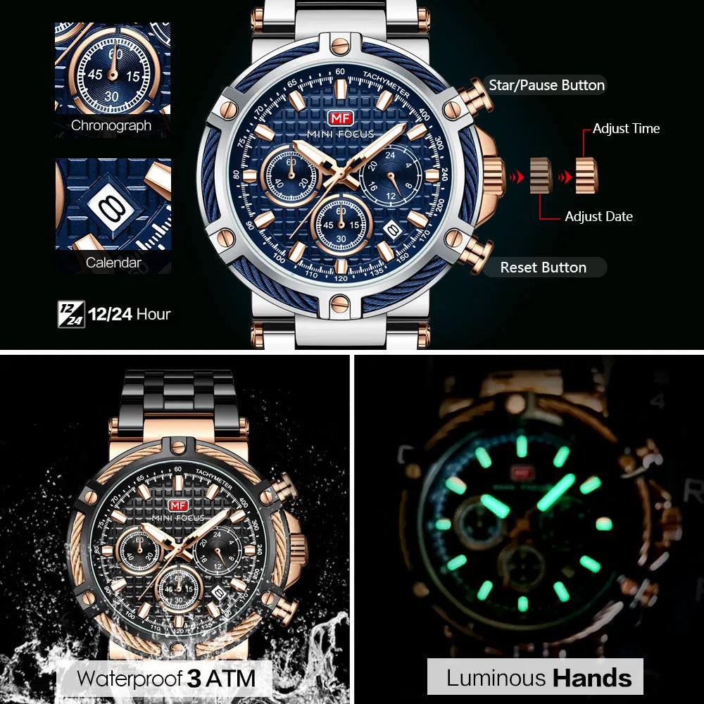 MINI FOCUS  Men Watch -Chronograph Luminous Wristwatch with Date 24-hour