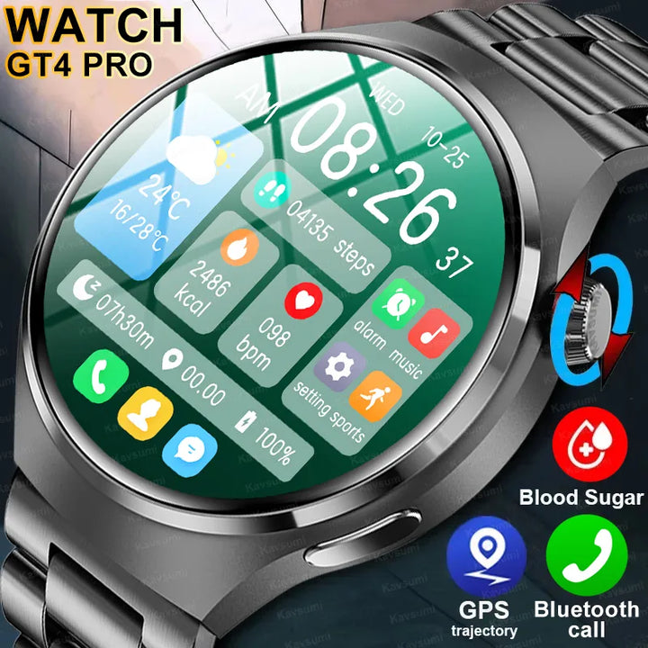 Relógio inteligente GT4 Pro de glicose no sangue - SmartWatch NFC com rastreador de saúde e GPS para iPhone Android