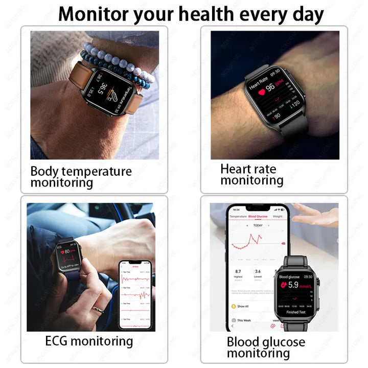 2023 New Blood Sugar Smart Watch Men AI Voice Assistant Bluetooth Call Automatic Infrared Blood Oxygen Health ECG+PPG Watch+BOX