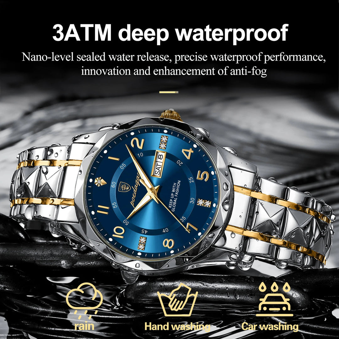 POEDAGAR Luxury Men's Quartz Watch - Waterproof, Date & Week, Luminous, Stainless Steel