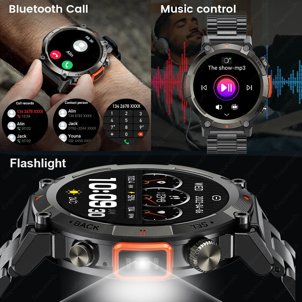 Outdoor Smart Watch Men With Flashlight- Blood Pressure