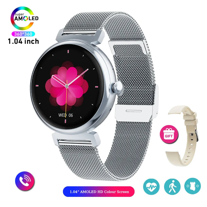 1.04 inch AMOLED Screen Fashion Ladies Smart Watch Screen Always Display Bluetooth Call Smartwatch Metal Body Small Screen Watch