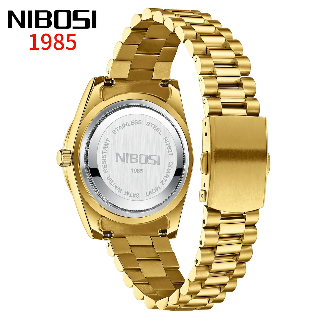 NIBOSI Luxury Men's Gold Diamond Watch - Automatic Date, Waterproof, Stainless Steel