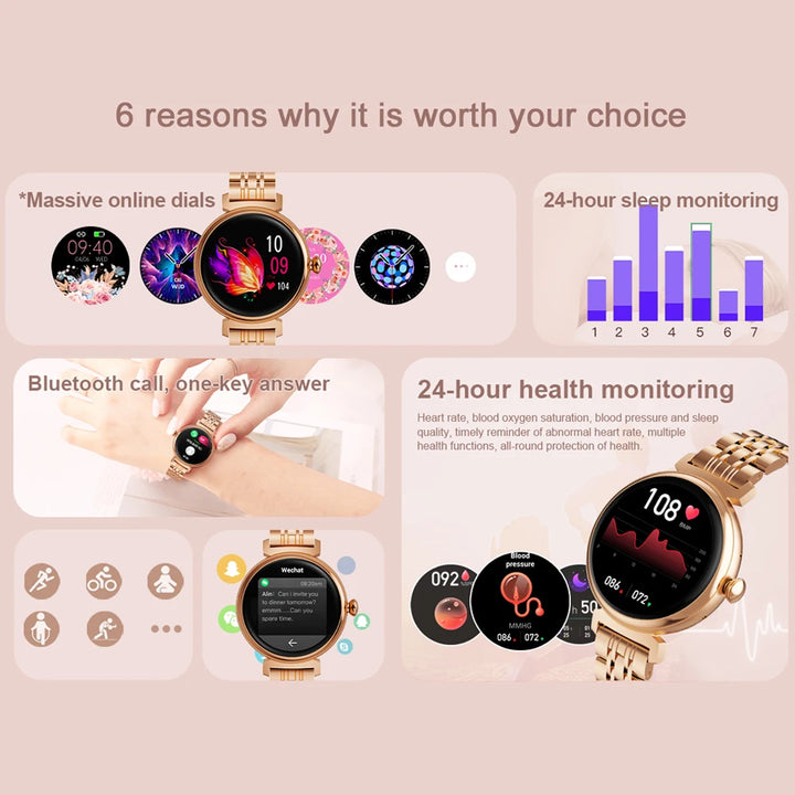 1.04 inch AMOLED Screen Fashion Ladies Smart Watch Screen Always Display Bluetooth Call Smartwatch Metal Body Small Screen Watch