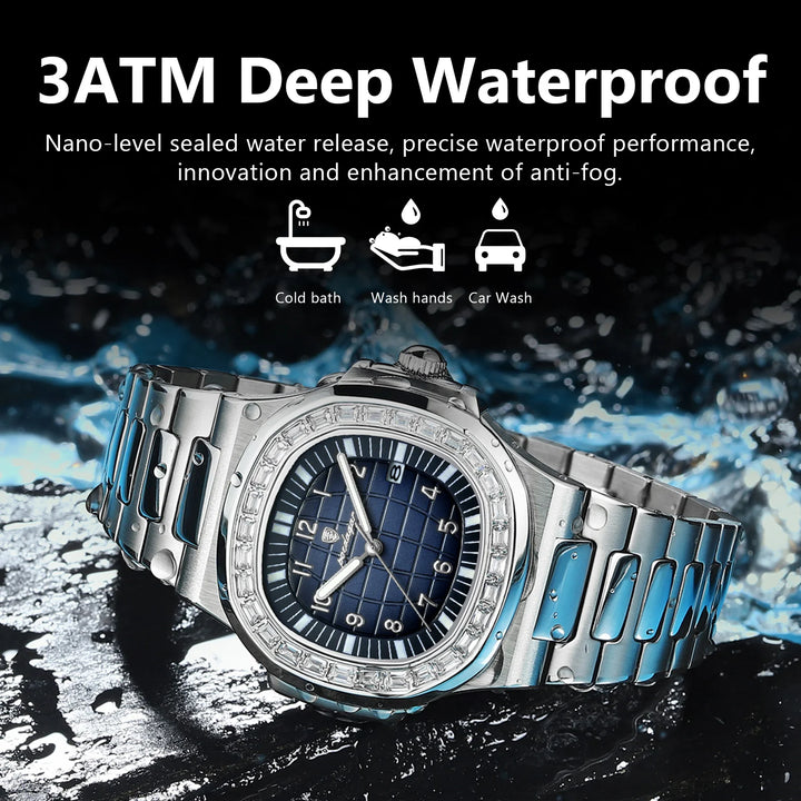 POEDAGAR Luxury Square Quartz Watch - Luminous, Waterproof, Stainless Steel