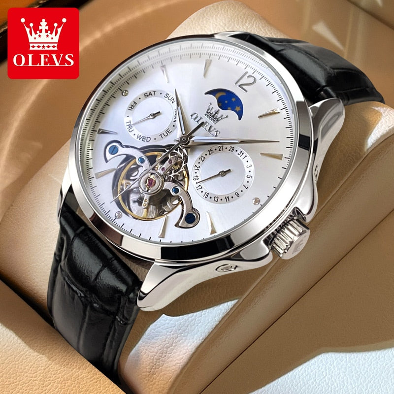 OLEVS Men Watches Mechanical Luxury Waterproof Moon Phase Date Skeleton Stainless steel Leather Strap Automatic Men's Watch
