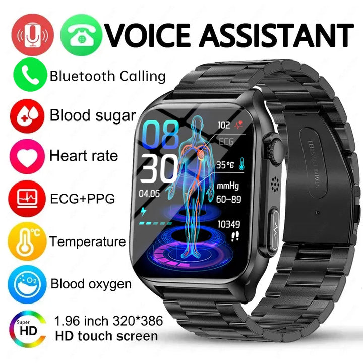 2023 New Blood Sugar Smart Watch Men AI Voice Assistant Bluetooth Call Automatic Infrared Blood Oxygen Health ECG+PPG Watch+BOX