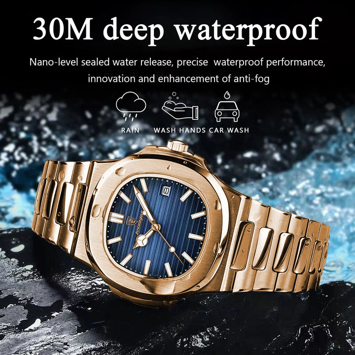 POEDAGAR Luxury Square Quartz Watch - Business, Waterproof, Luminous, Stainless Steel