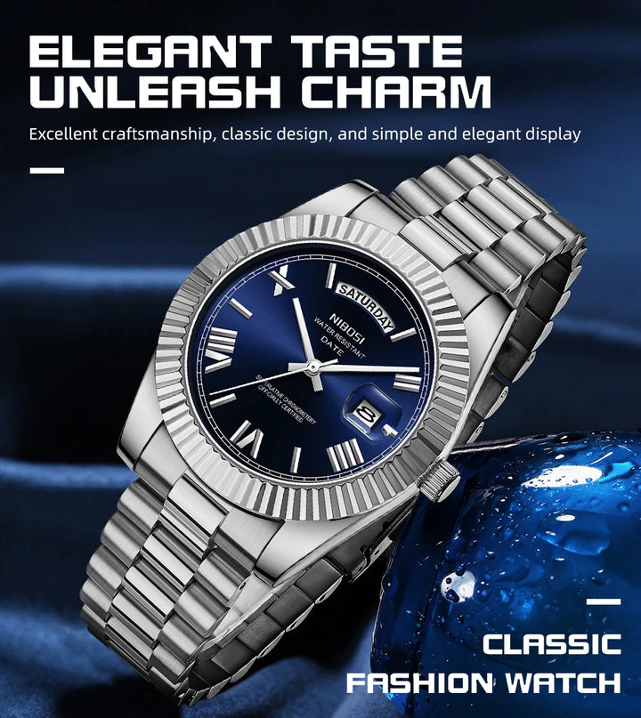 NIBOSI TimeMaster - Stainless Steel, Day-Date Luxury Wristwatch - 100 days money back warranty