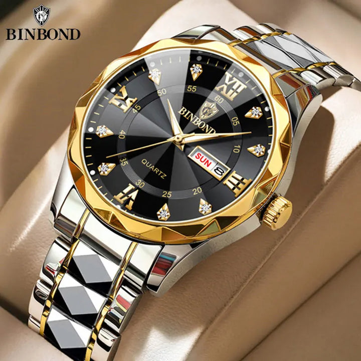 BINBOND Luxury Stainless Steel Men's Watch - Waterproof, Luminous, Date & Week, Hidden Clasp