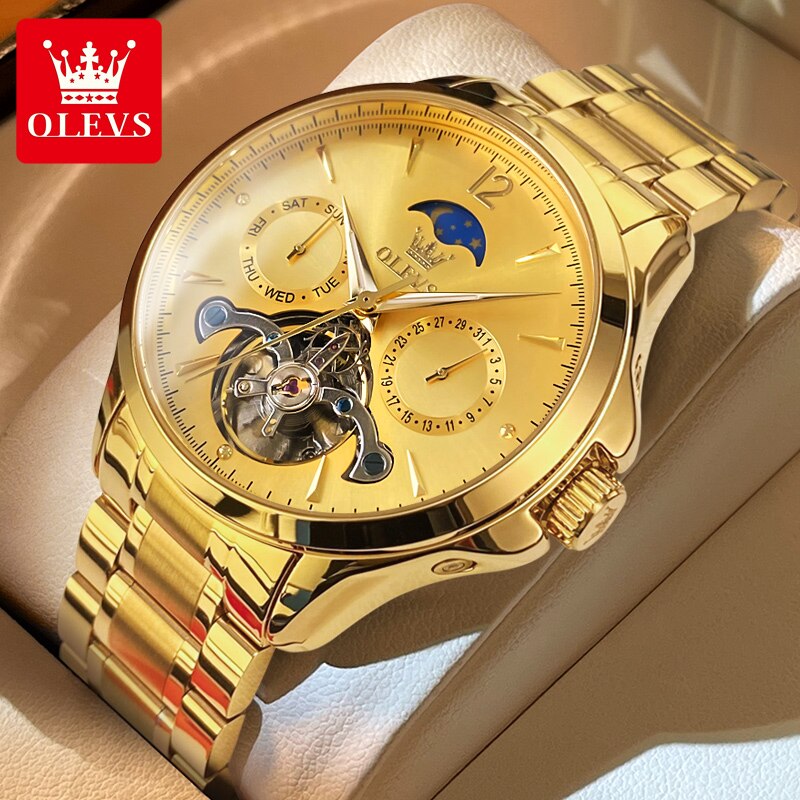 OLEVS Men Watches Mechanical Luxury Waterproof Moon Phase Date Skeleton Stainless steel Leather Strap Automatic Men's Watch