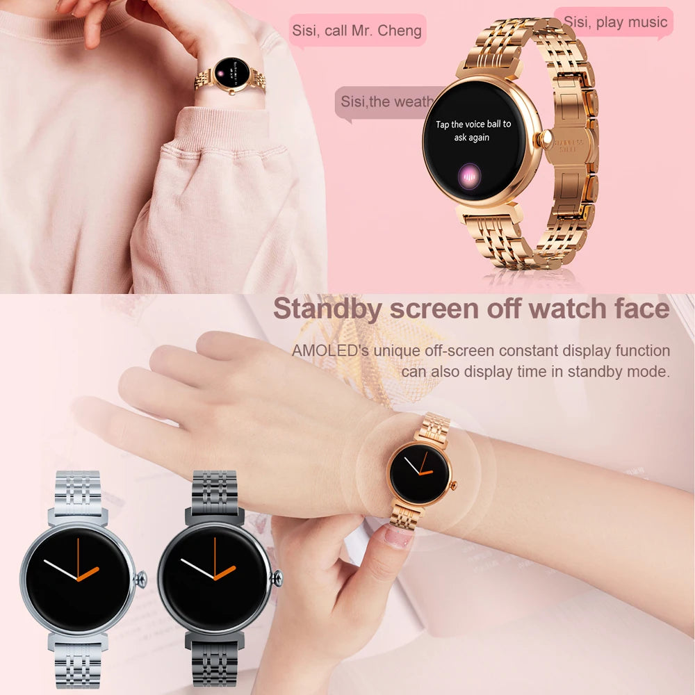 1.04 inch AMOLED Screen Fashion Ladies Smart Watch Screen Always Display Bluetooth Call Smartwatch Metal Body Small Screen Watch