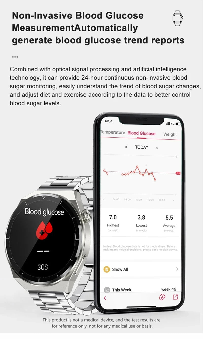 2024 novo tratamento a laser três alta relógio inteligente homem ecg ppg freqüência cardíaca açúcar no sangue saúde rastreador relógio inteligente para android ios