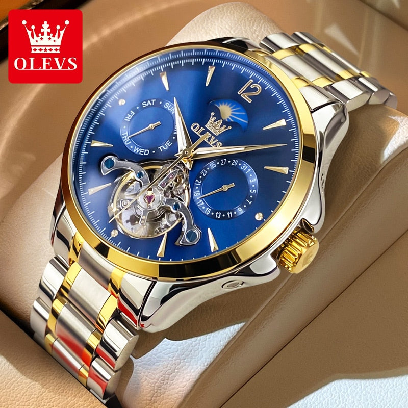 OLEVS Men Watches Mechanical Luxury Waterproof Moon Phase Date Skeleton Stainless steel Leather Strap Automatic Men's Watch