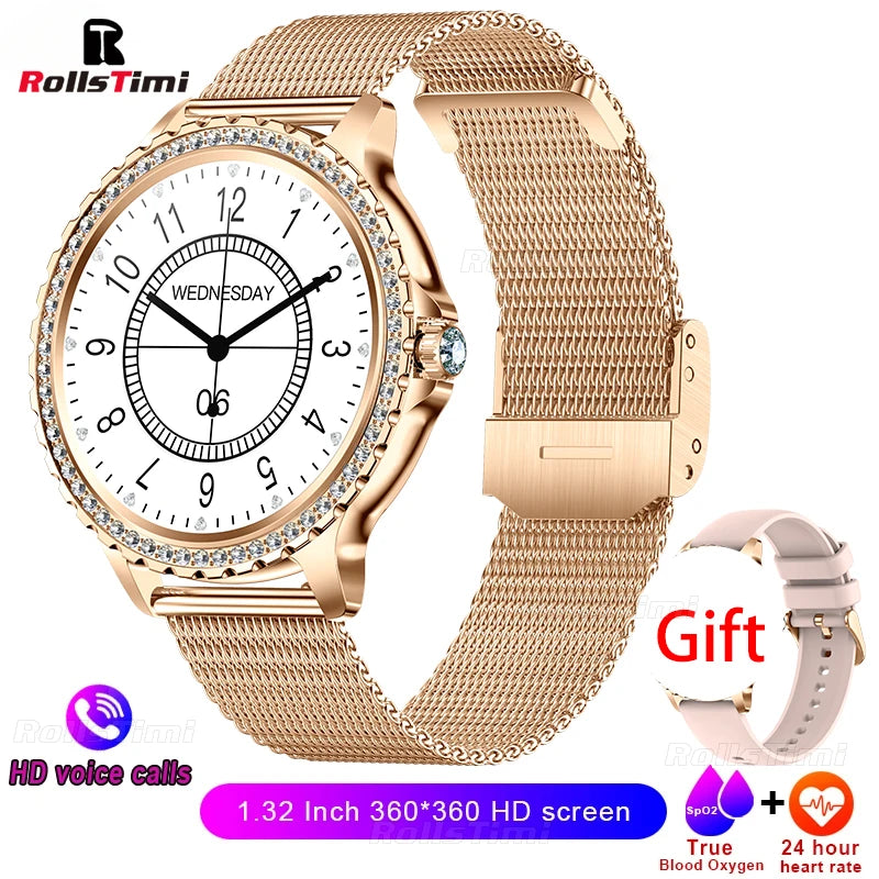 Fashion Luxury Gold Women Smart Watch Heart rate Blood Oxygen Sleep Monitoring Diamond Bracelet Bluetooth Call Smartwatch Ladies