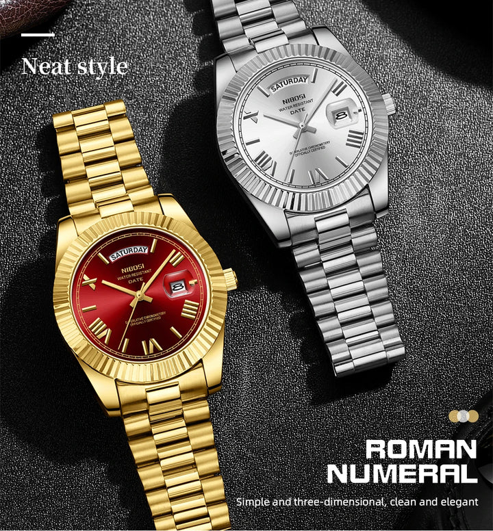 NIBOSI TimeMaster - Stainless Steel, Day-Date Luxury Wristwatch - 100 days money back warranty