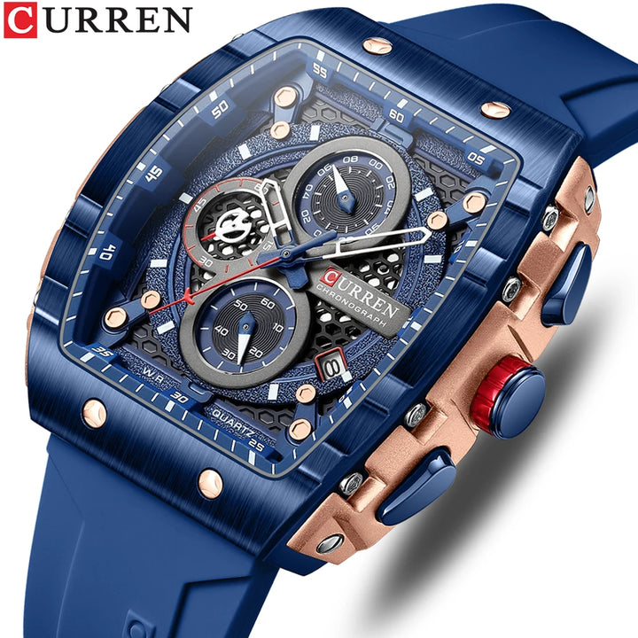 CURREN Unique Rectangular Sports Watch - Large Dial, Quartz, Silicone Band, Auto Date